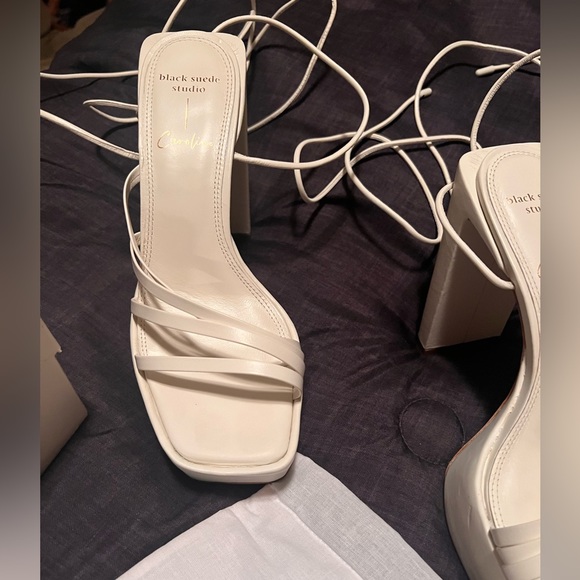 Black Suede Studio White Wrap Around Tie Up Platform Disco Sasha REVOLVE Heels - Picture 9 of 14